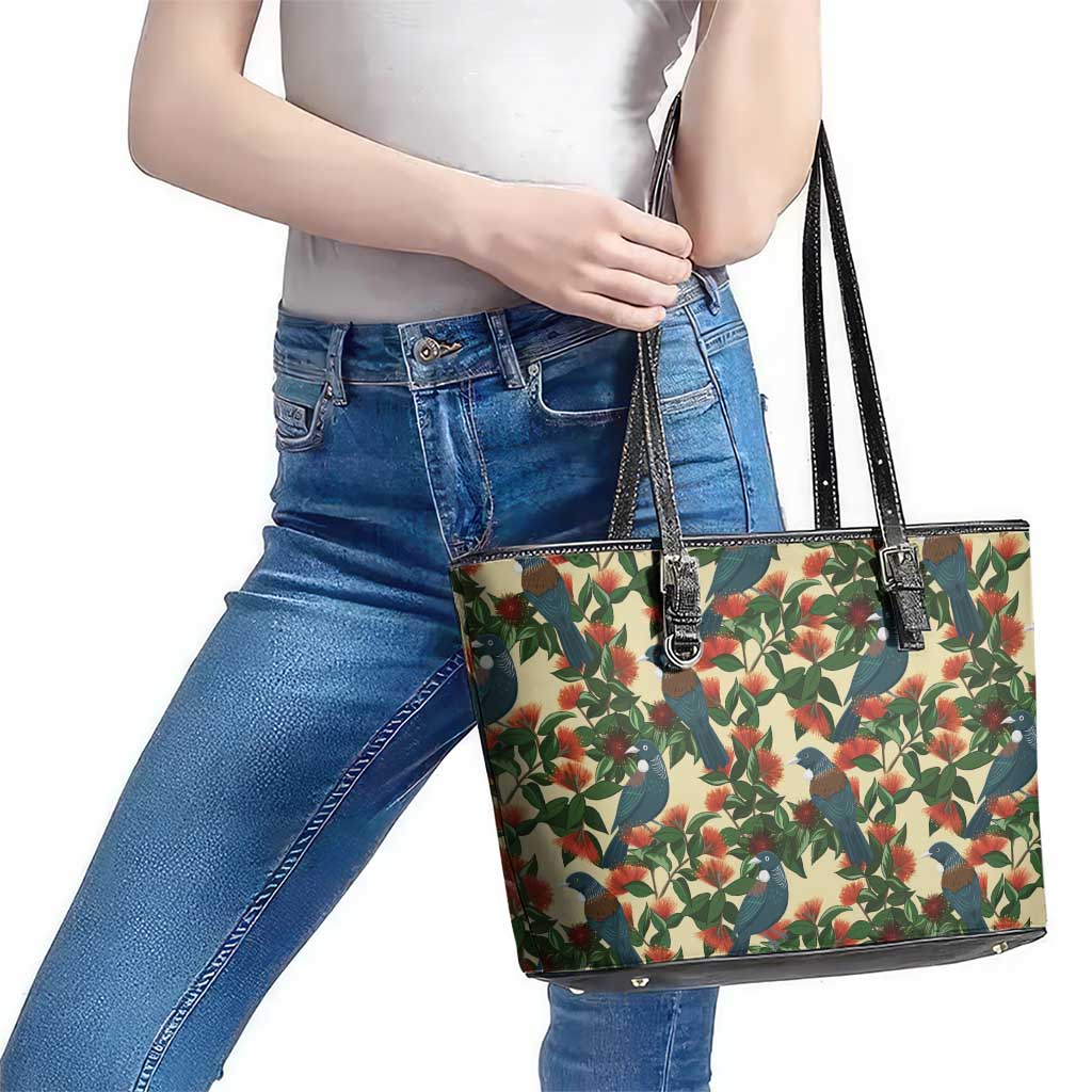 New Zealand Christmas Leather Tote Bag Romantic Tui Birds on Pohutukawa - Ivory - Polynesian Pride