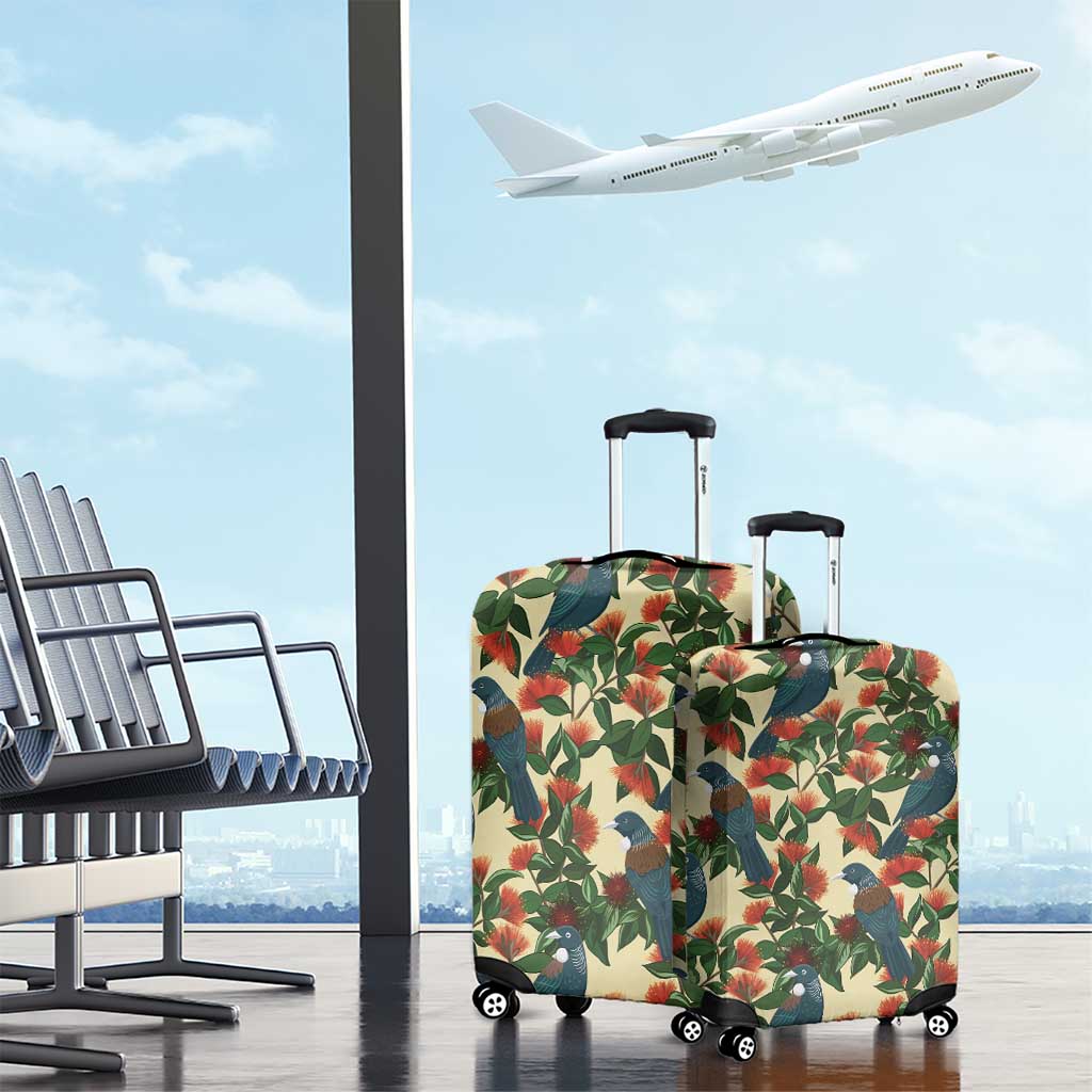 New Zealand Christmas Luggage Cover Romantic Tui Birds on Pohutukawa - Ivory - Polynesian Pride