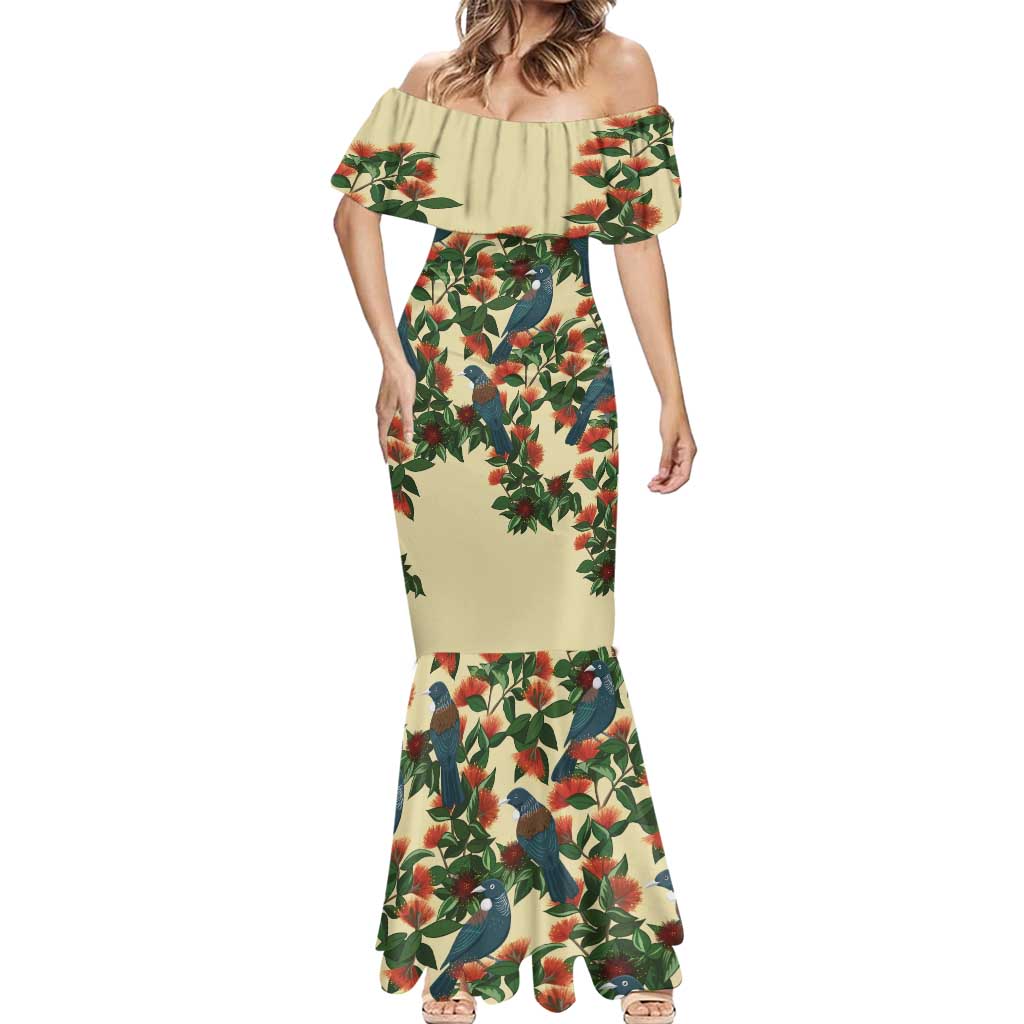 New Zealand Christmas Mermaid Dress Romantic Tui Birds on Pohutukawa - Ivory - Polynesian Pride