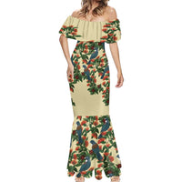 New Zealand Christmas Mermaid Dress Romantic Tui Birds on Pohutukawa - Ivory - Polynesian Pride