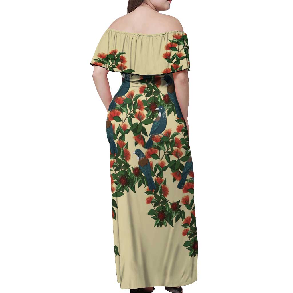 New Zealand Christmas Off Shoulder Maxi Dress Romantic Tui Birds on Pohutukawa - Ivory - Polynesian Pride
