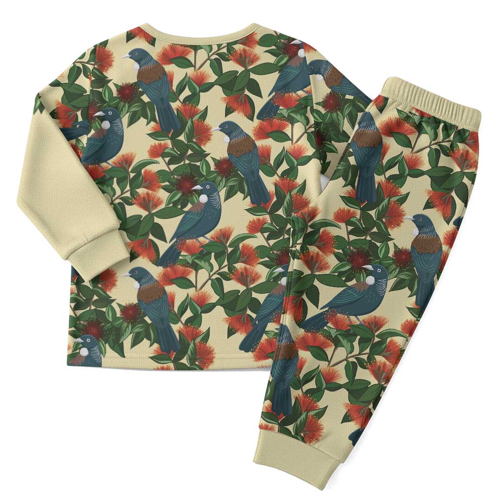 New Zealand Christmas Pajama Set Romantic Tui Birds on Pohutukawa - Ivory - Polynesian Pride