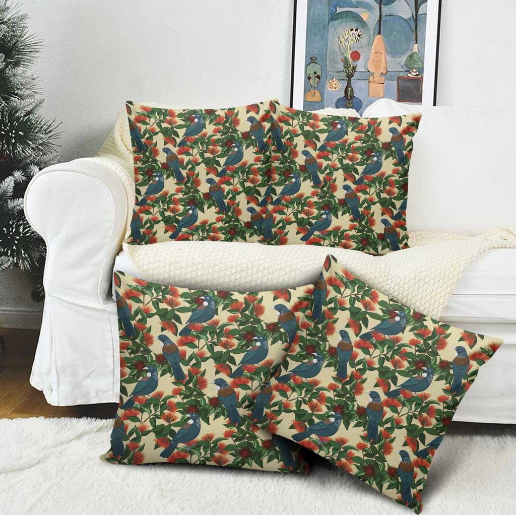 New Zealand Christmas Pillow Cover Romantic Tui Birds on Pohutukawa - Ivory - Polynesian Pride