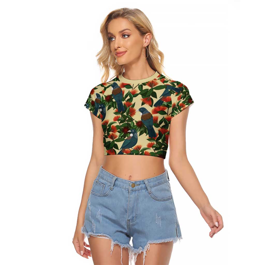 New Zealand Christmas Raglan Cropped T Shirt Romantic Tui Birds on Pohutukawa - Ivory - Polynesian Pride