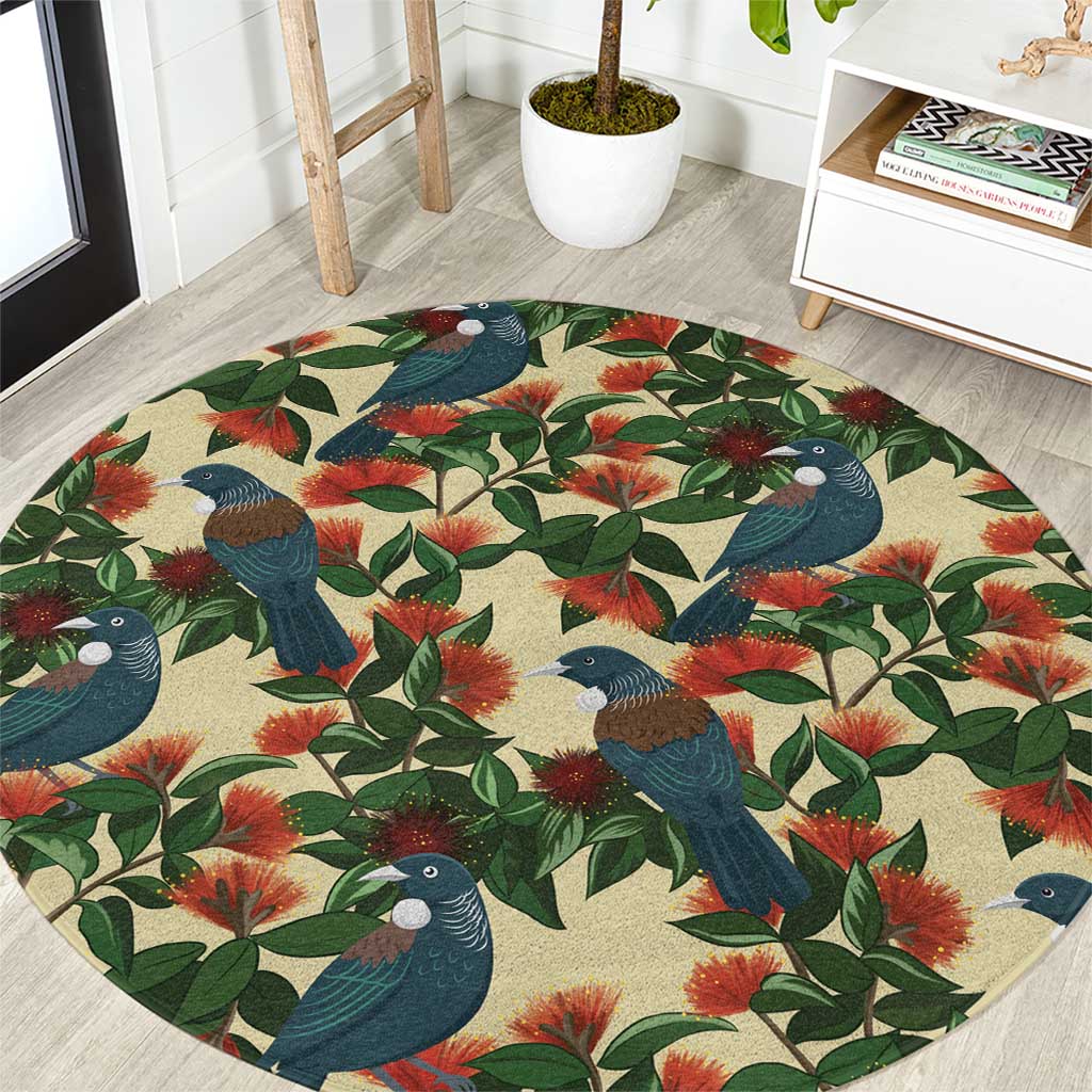 New Zealand Christmas Round Carpet Romantic Tui Birds on Pohutukawa - Ivory - Polynesian Pride
