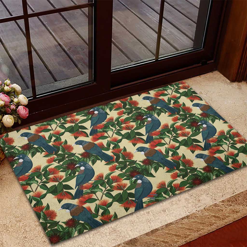 New Zealand Christmas Rubber Doormat Romantic Tui Birds on Pohutukawa - Ivory - Polynesian Pride