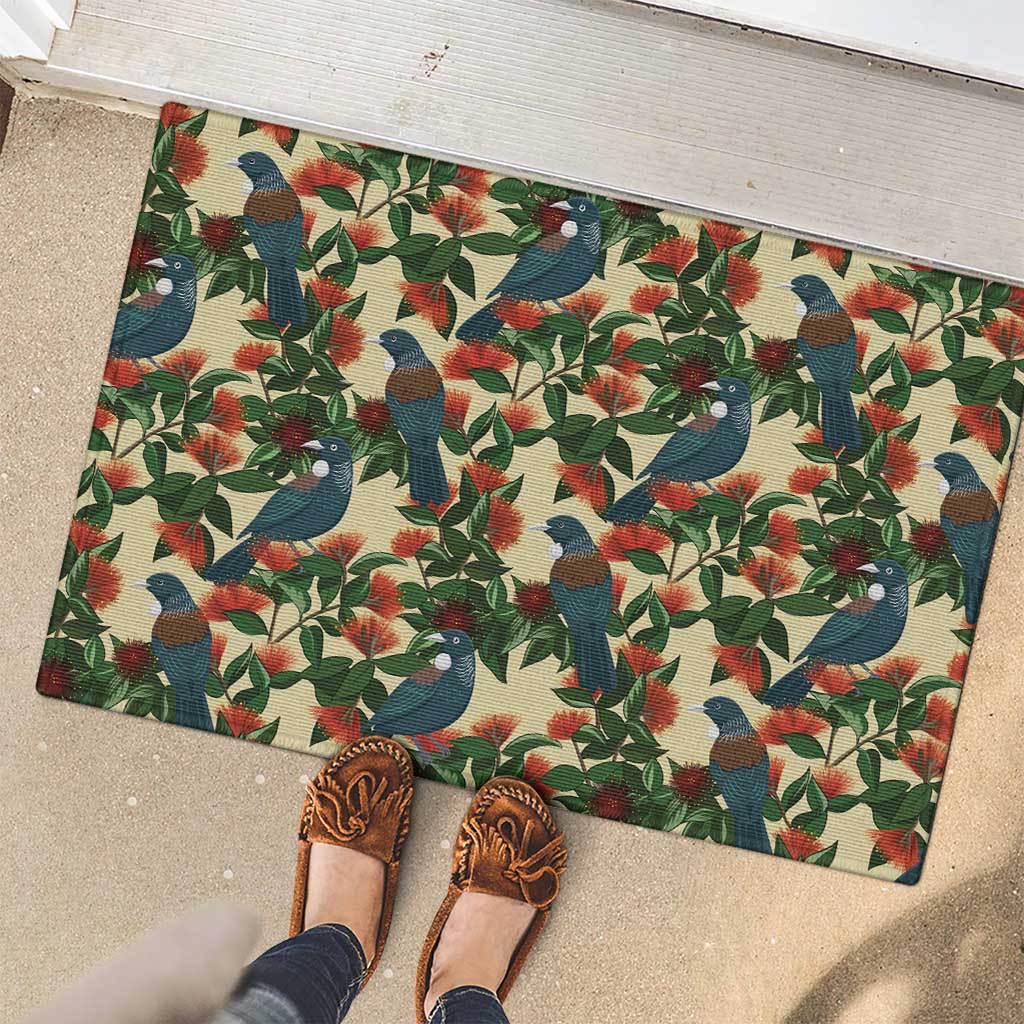 New Zealand Christmas Rubber Doormat Romantic Tui Birds on Pohutukawa - Ivory - Polynesian Pride