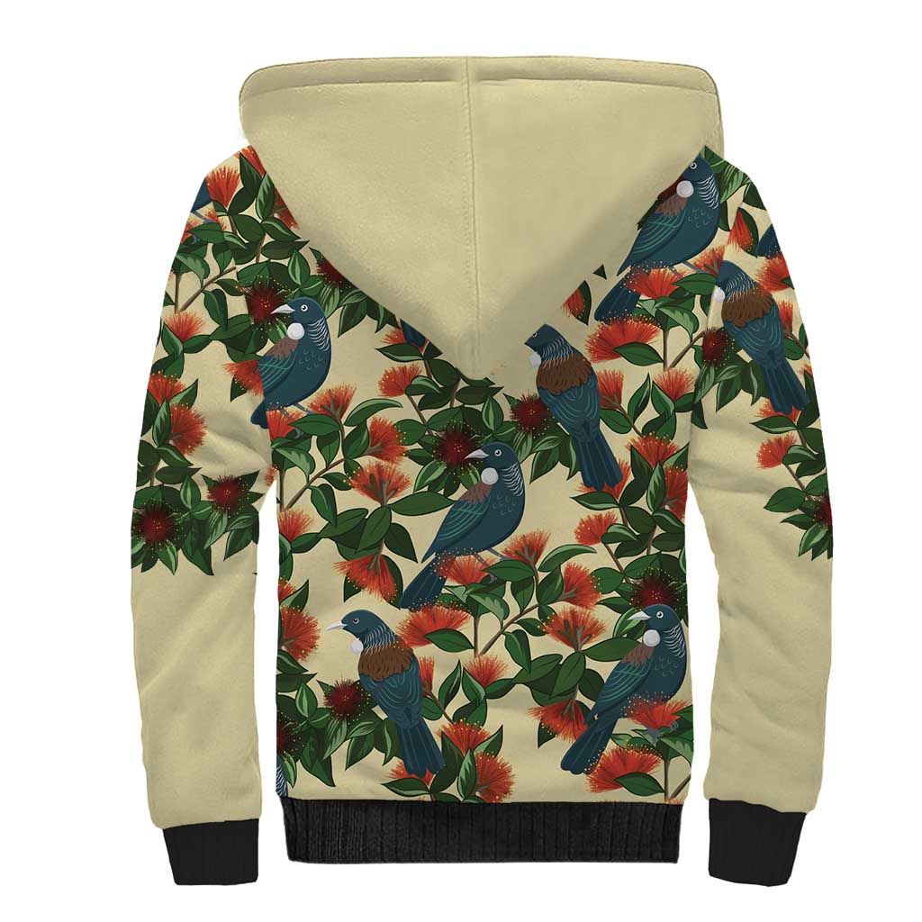 New Zealand Christmas Sherpa Hoodie Romantic Tui Birds on Pohutukawa - Ivory - Polynesian Pride