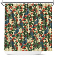 New Zealand Christmas Shower Curtain Romantic Tui Birds on Pohutukawa - Ivory - Polynesian Pride