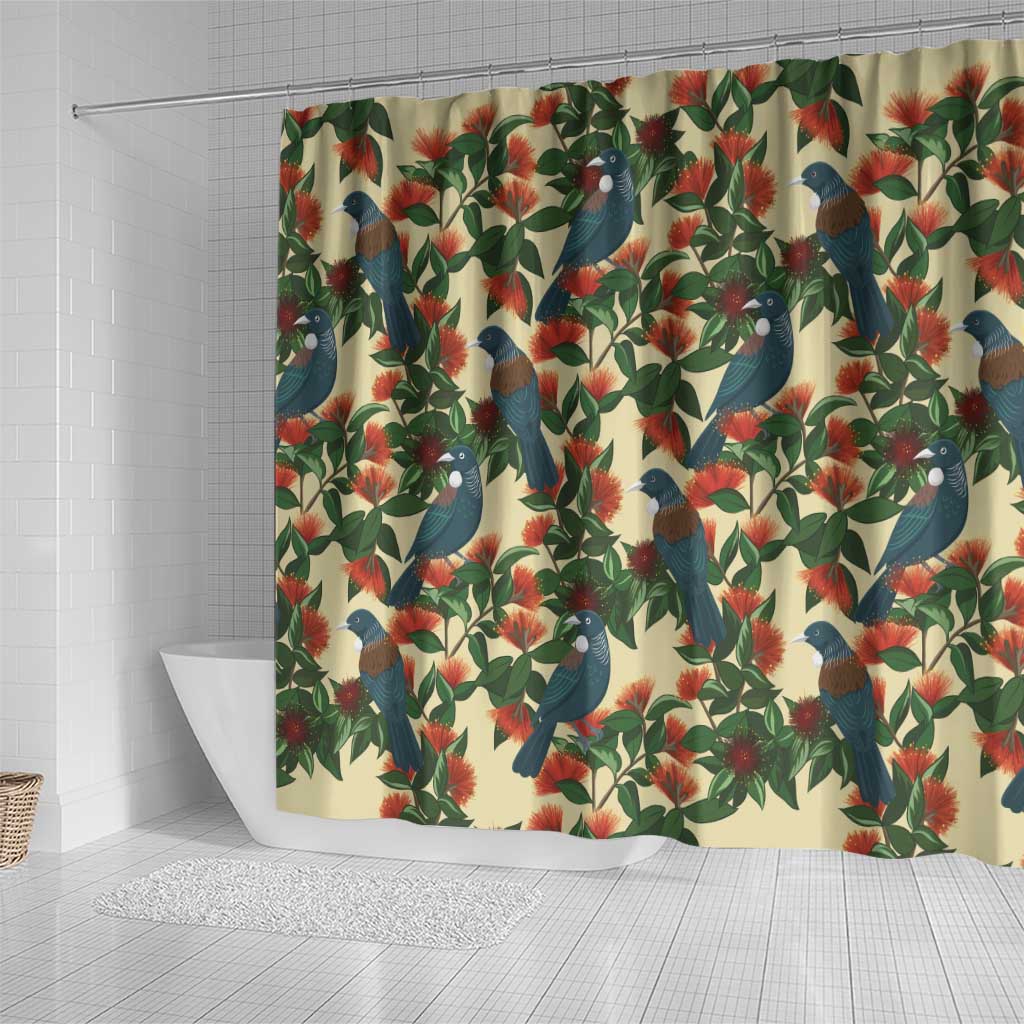 New Zealand Christmas Shower Curtain Romantic Tui Birds on Pohutukawa - Ivory - Polynesian Pride