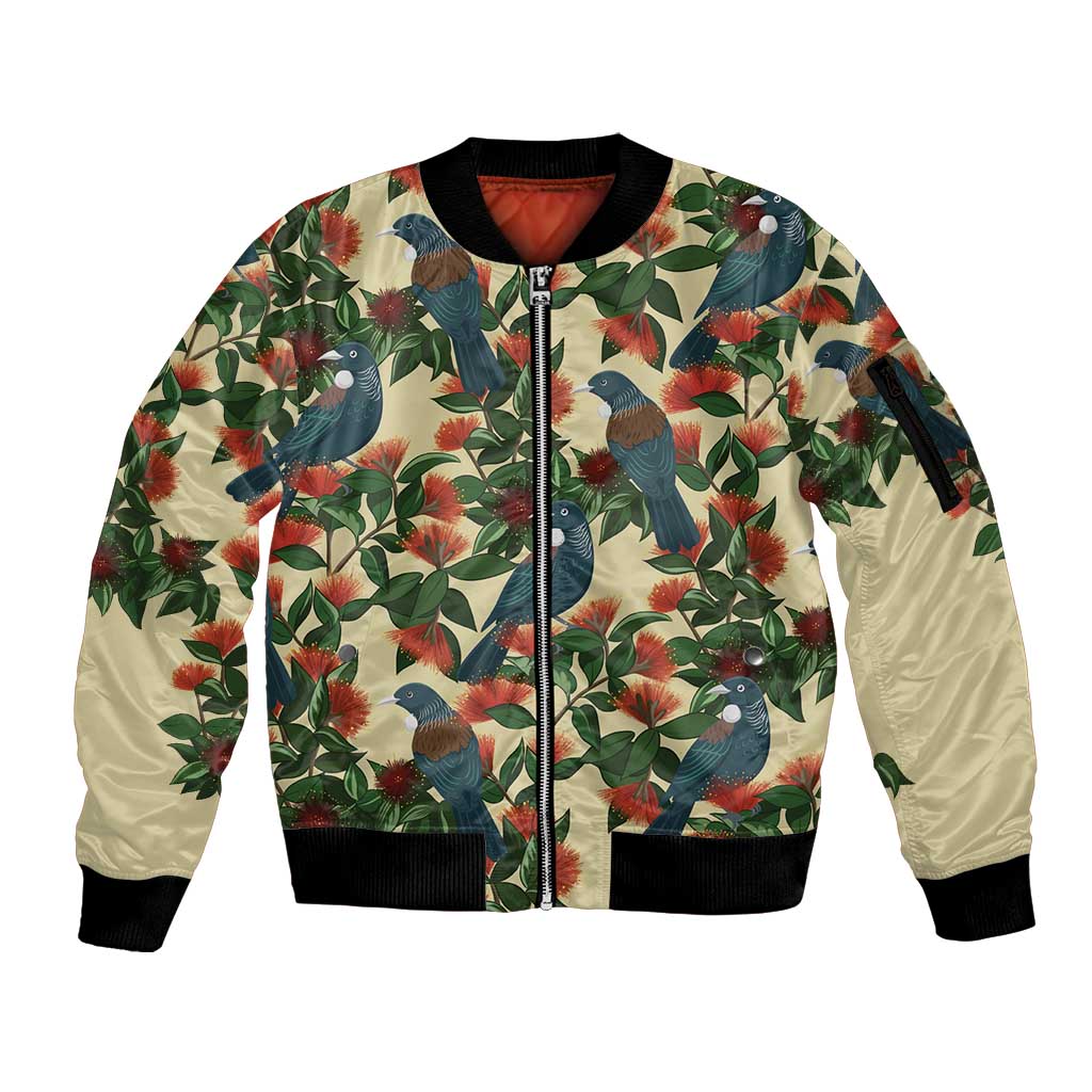 New Zealand Christmas Sleeve Zip Bomber Jacket Romantic Tui Birds on Pohutukawa - Ivory - Polynesian Pride