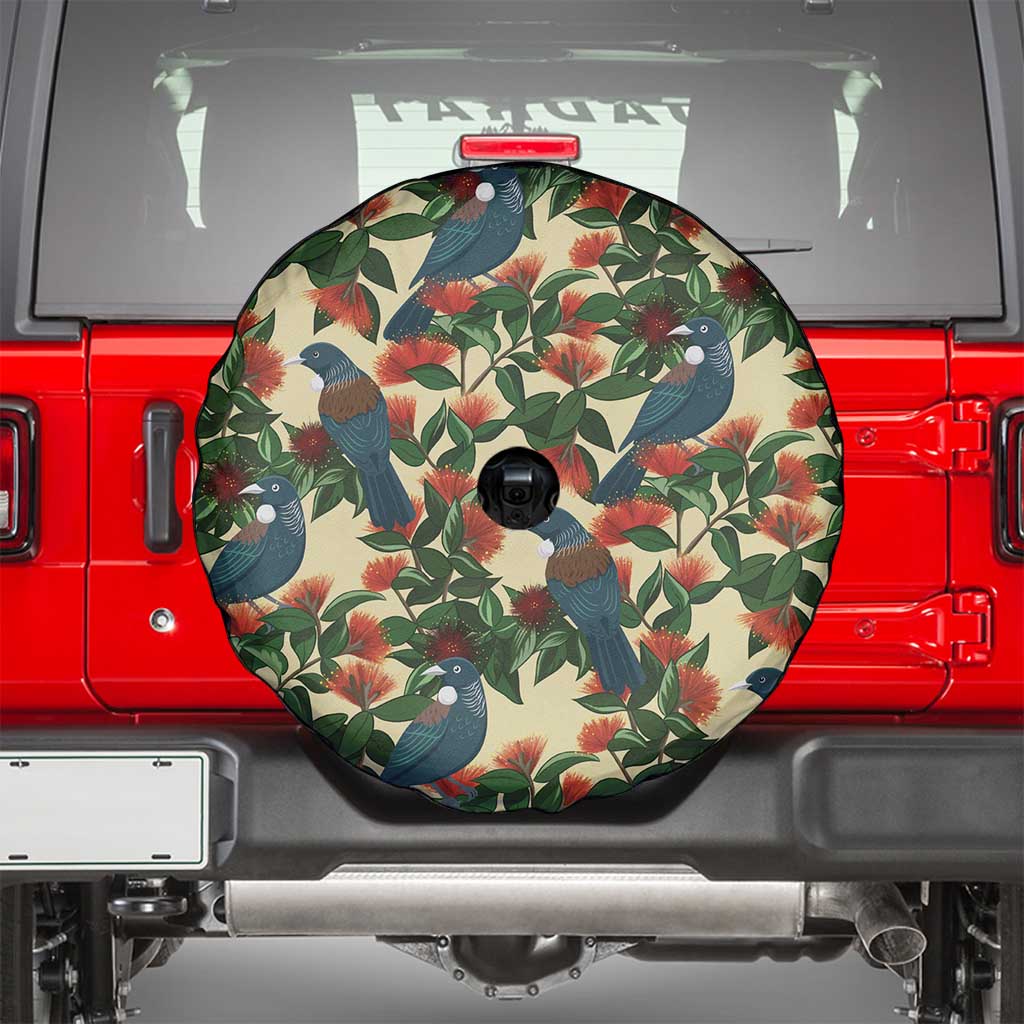 New Zealand Christmas Spare Tire Cover Romantic Tui Birds on Pohutukawa - Ivory - Polynesian Pride