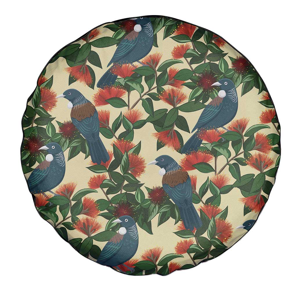 New Zealand Christmas Spare Tire Cover Romantic Tui Birds on Pohutukawa - Ivory - Polynesian Pride