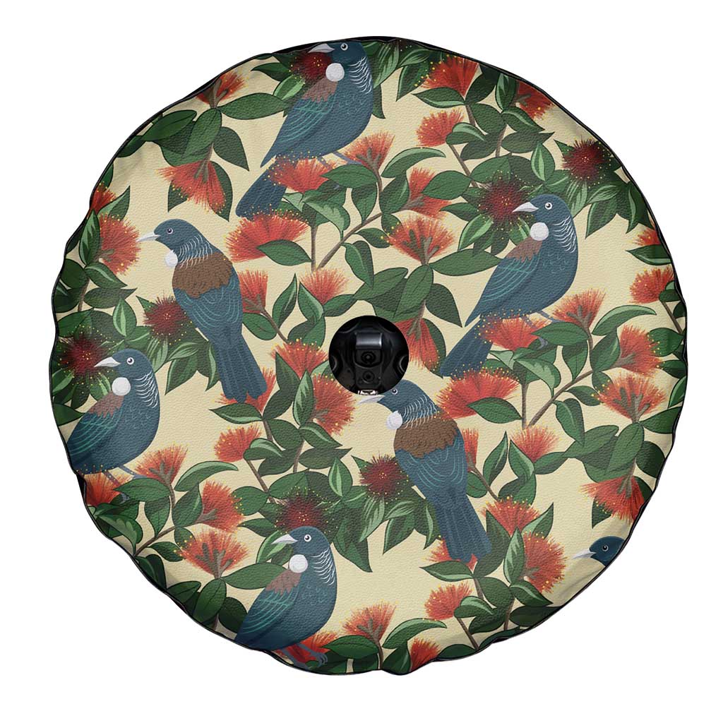 New Zealand Christmas Spare Tire Cover Romantic Tui Birds on Pohutukawa - Ivory - Polynesian Pride