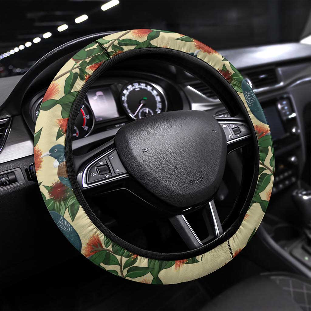 New Zealand Christmas Steering Wheel Cover Romantic Tui Birds on Pohutukawa - Ivory - Polynesian Pride