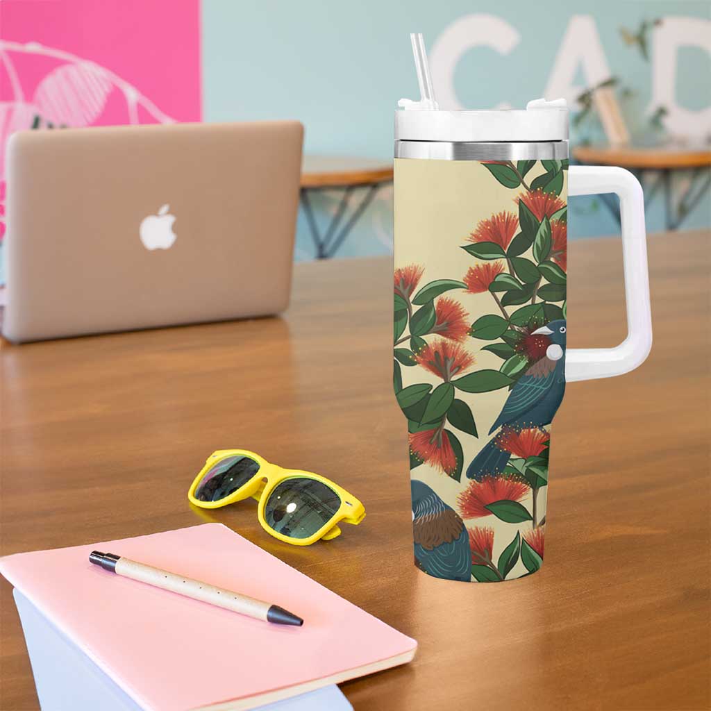 New Zealand Christmas Tumbler With Handle Romantic Tui Birds on Pohutukawa - Ivory - Polynesian Pride