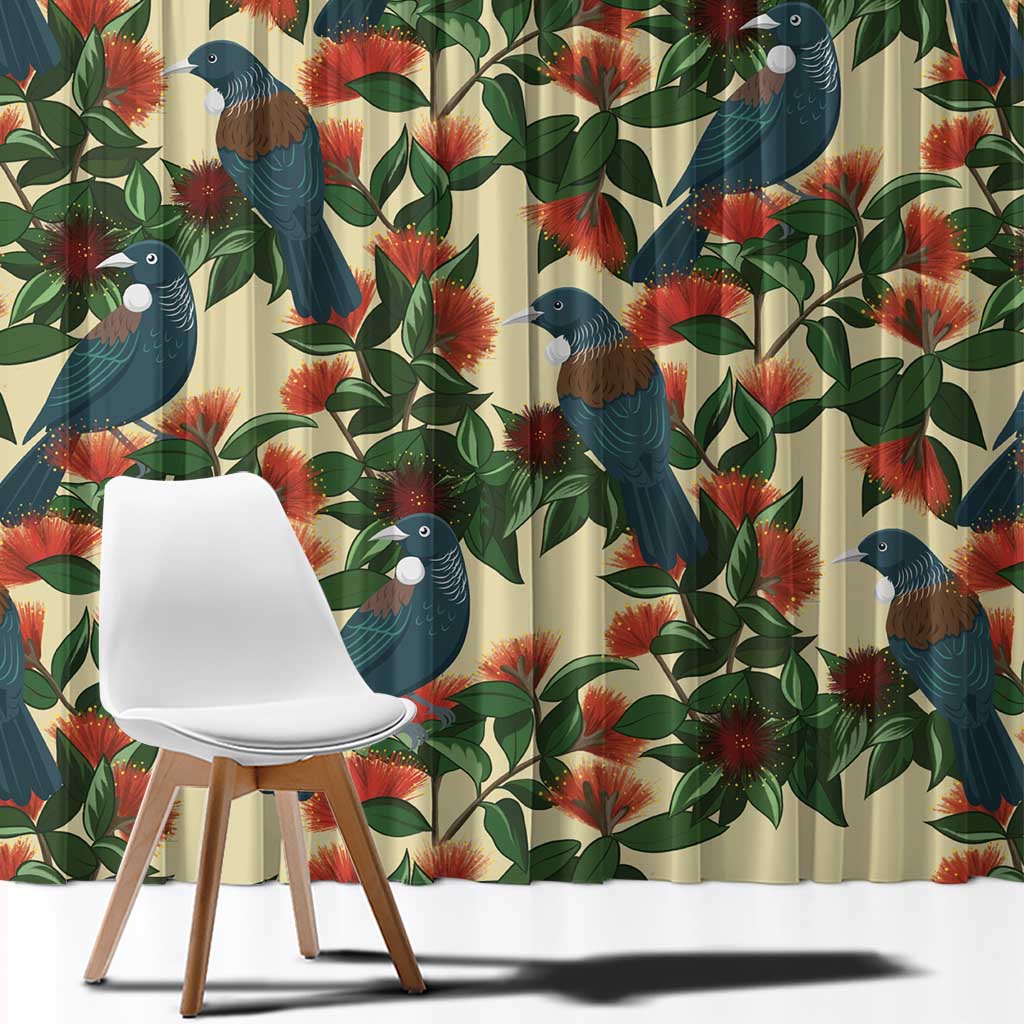 New Zealand Christmas Window Curtain Romantic Tui Birds on Pohutukawa - Ivory - Polynesian Pride