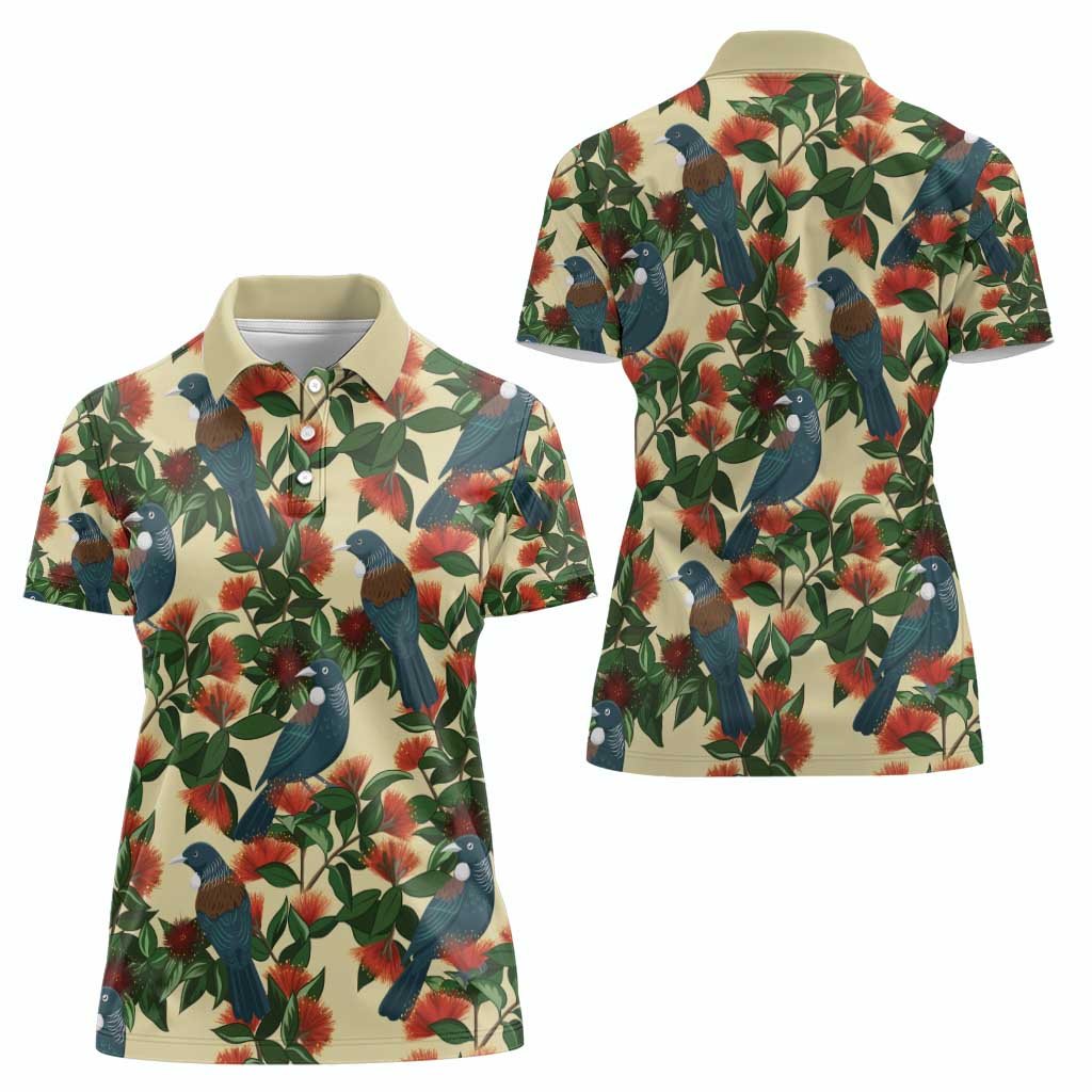 New Zealand Christmas Women Polo Shirt Romantic Tui Birds on Pohutukawa - Ivory - Polynesian Pride