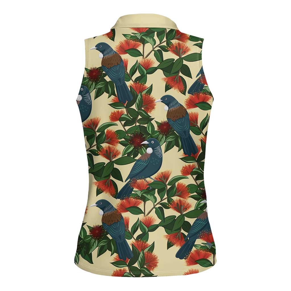 New Zealand Christmas Women Sleeveless Polo Shirt Romantic Tui Birds on Pohutukawa - Ivory - Polynesian Pride