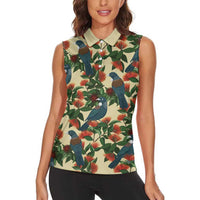 New Zealand Christmas Women Sleeveless Polo Shirt Romantic Tui Birds on Pohutukawa - Ivory - Polynesian Pride