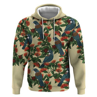 New Zealand Christmas Zip Hoodie Romantic Tui Birds on Pohutukawa - Ivory - Polynesian Pride
