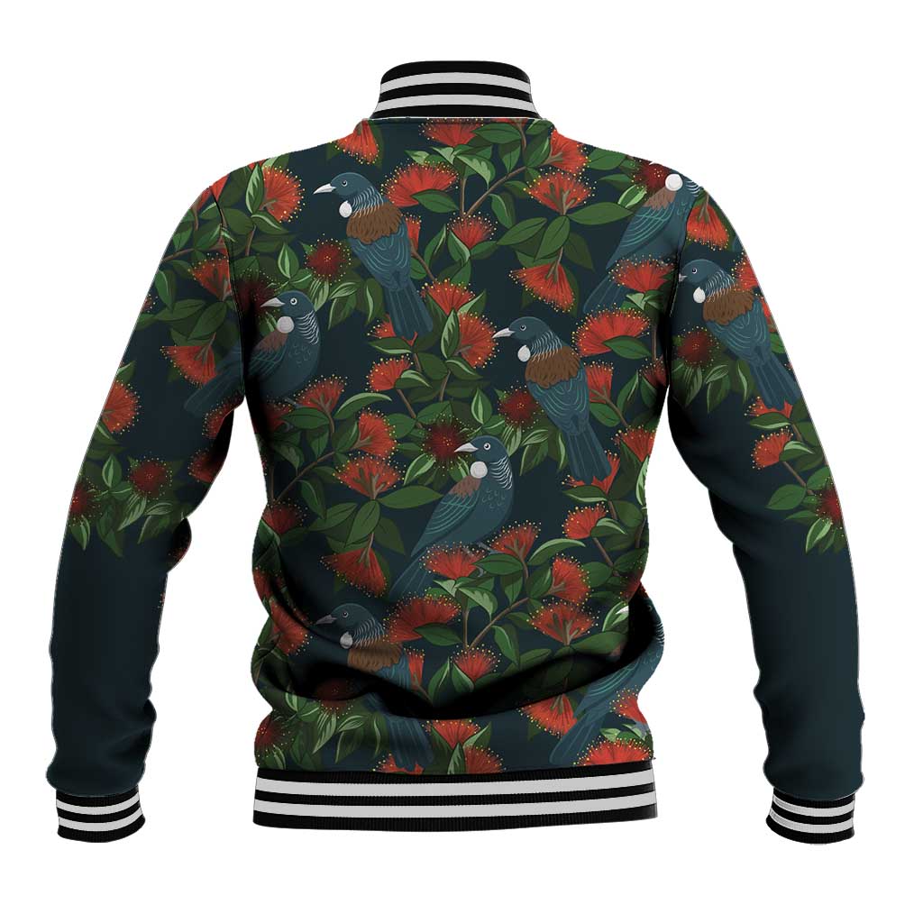 New Zealand Christmas Baseball Jacket Romantic Tui Birds on Pohutukawa - Cobalt - Polynesian Pride