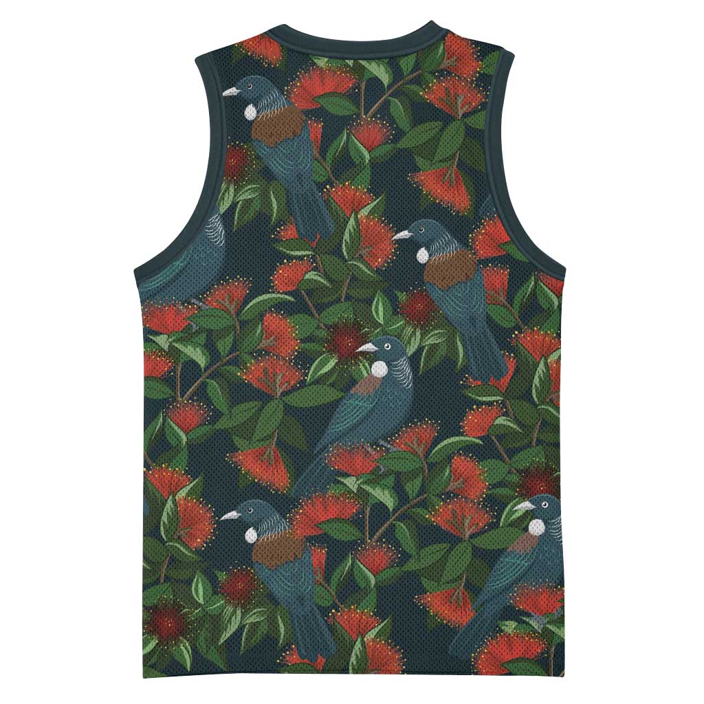 New Zealand Christmas Basketball Jersey Romantic Tui Birds on Pohutukawa - Cobalt - Polynesian Pride
