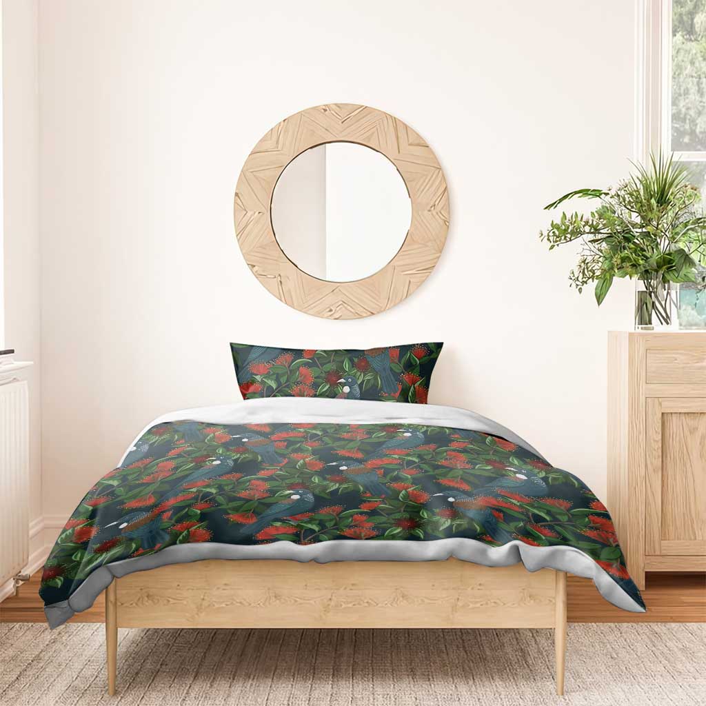 New Zealand Christmas Bedding Set Romantic Tui Birds on Pohutukawa - Cobalt - Polynesian Pride