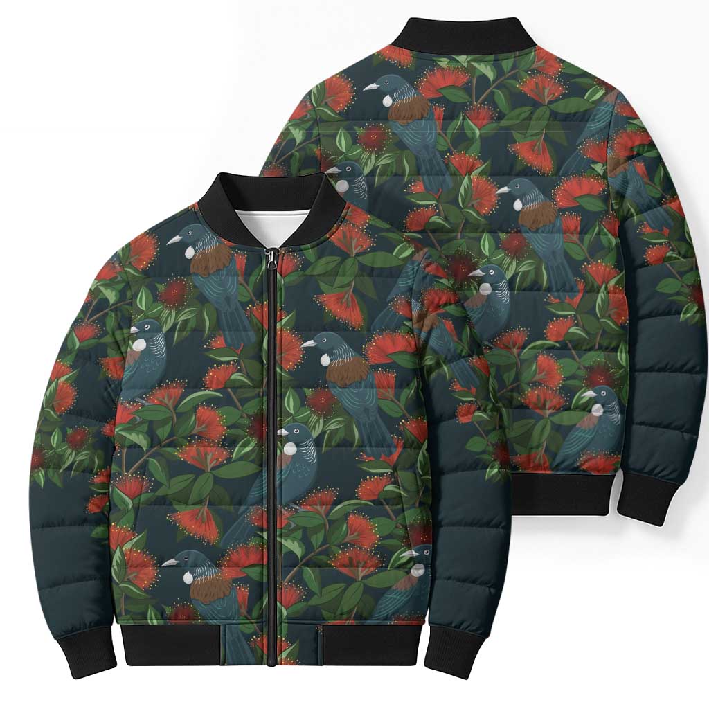 New Zealand Christmas Bomber Puffer Jacket Romantic Tui Birds on Pohutukawa - Cobalt - Polynesian Pride