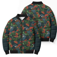 New Zealand Christmas Bomber Puffer Jacket Romantic Tui Birds on Pohutukawa - Cobalt - Polynesian Pride