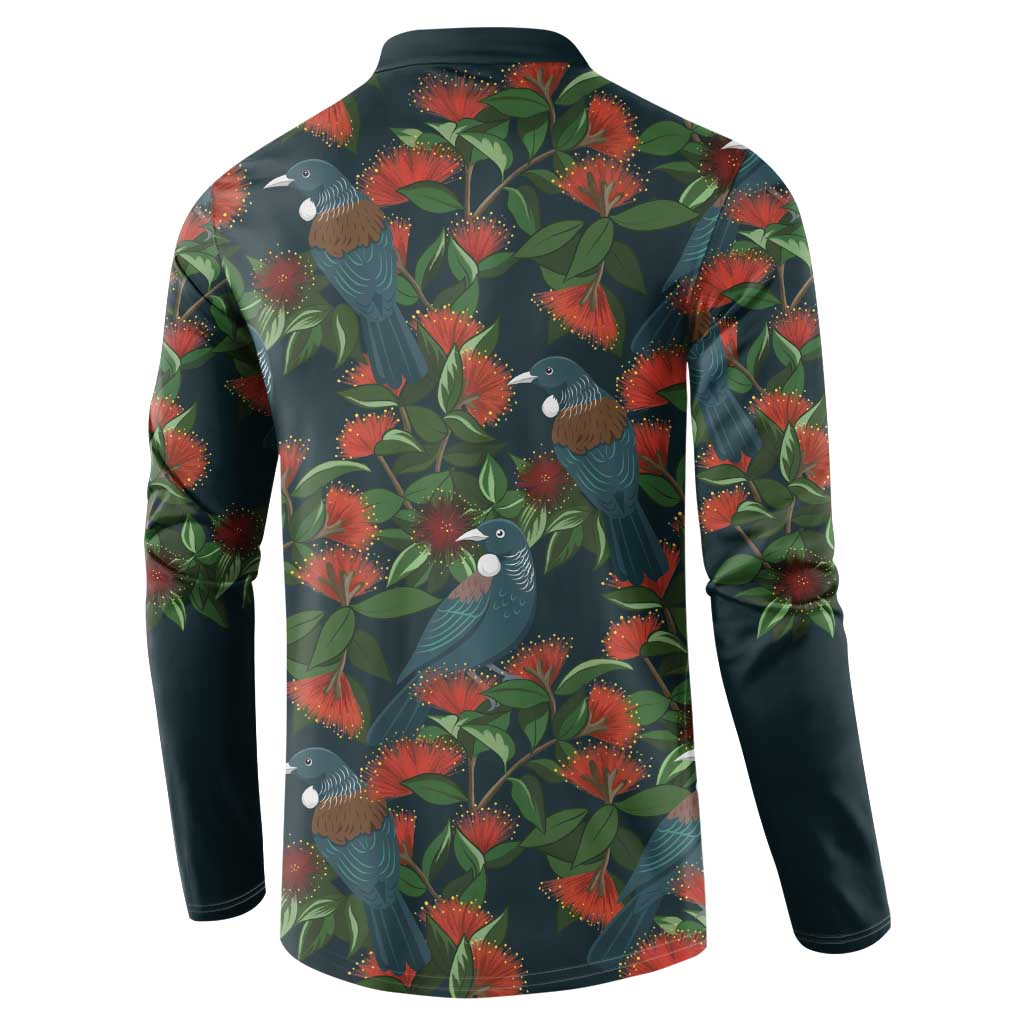 New Zealand Christmas Button Sweatshirt Romantic Tui Birds on Pohutukawa - Cobalt - Polynesian Pride