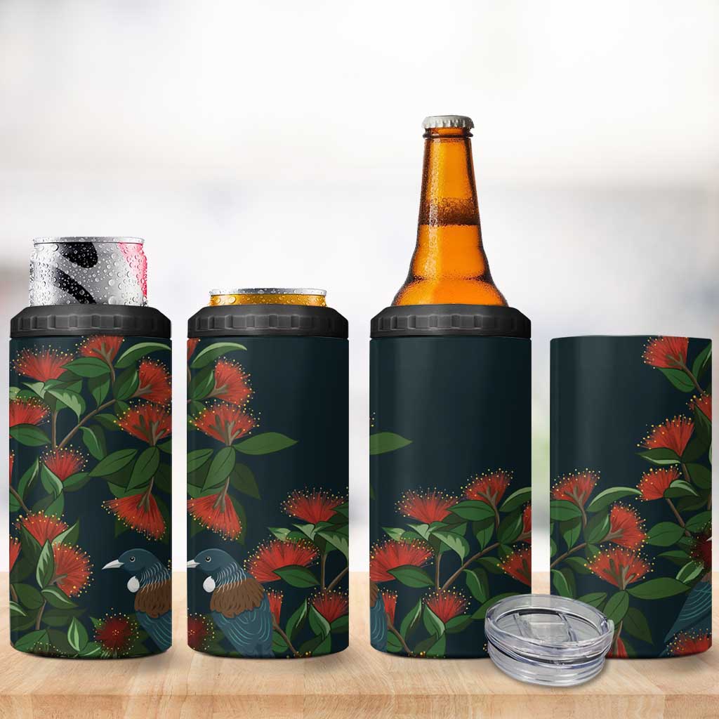 New Zealand Christmas 4 in 1 Can Cooler Tumbler Romantic Tui Birds on Pohutukawa - Cobalt - Polynesian Pride
