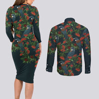 New Zealand Christmas Couples Matching Long Sleeve Bodycon Dress and Long Sleeve Button Shirt Romantic Tui Birds on Pohutukawa - Cobalt - Polynesian Pride