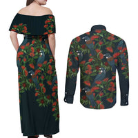 New Zealand Christmas Couples Matching Off Shoulder Maxi Dress and Long Sleeve Button Shirt Romantic Tui Birds on Pohutukawa - Cobalt - Polynesian Pride