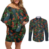 New Zealand Christmas Couples Matching Off Shoulder Short Dress and Long Sleeve Button Shirt Romantic Tui Birds on Pohutukawa - Cobalt - Polynesian Pride