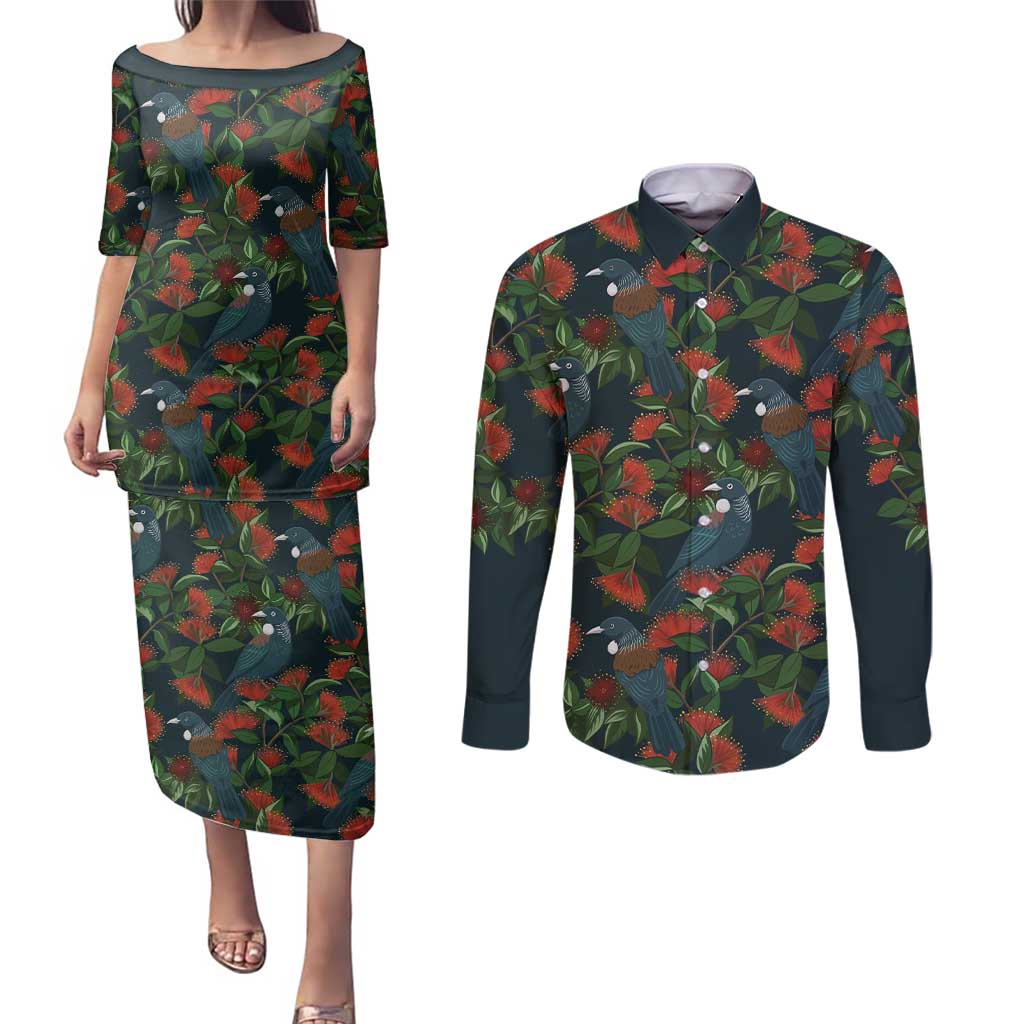 New Zealand Christmas Couples Matching Puletasi and Long Sleeve Button Shirt Romantic Tui Birds on Pohutukawa - Cobalt - Polynesian Pride