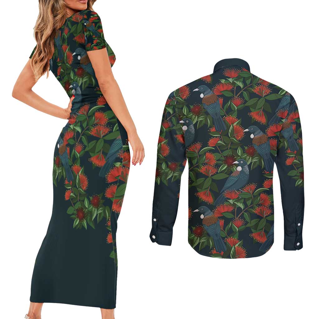 New Zealand Christmas Couples Matching Short Sleeve Bodycon Dress and Long Sleeve Button Shirt Romantic Tui Birds on Pohutukawa - Cobalt - Polynesian Pride