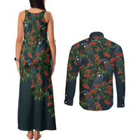 New Zealand Christmas Couples Matching Tank Maxi Dress and Long Sleeve Button Shirt Romantic Tui Birds on Pohutukawa - Cobalt - Polynesian Pride