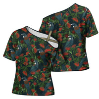 New Zealand Christmas Cross Shoulder Shirt Romantic Tui Birds on Pohutukawa - Cobalt - Polynesian Pride
