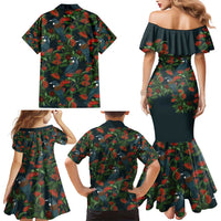 New Zealand Christmas Family Matching Mermaid Dress and Hawaiian Shirt Romantic Tui Birds on Pohutukawa - Cobalt - Polynesian Pride