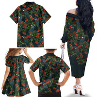 New Zealand Christmas Family Matching Off The Shoulder Long Sleeve Dress and Hawaiian Shirt Romantic Tui Birds on Pohutukawa - Cobalt - Polynesian Pride