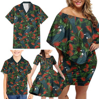 New Zealand Christmas Family Matching Off Shoulder Short Dress and Hawaiian Shirt Romantic Tui Birds on Pohutukawa - Cobalt - Polynesian Pride