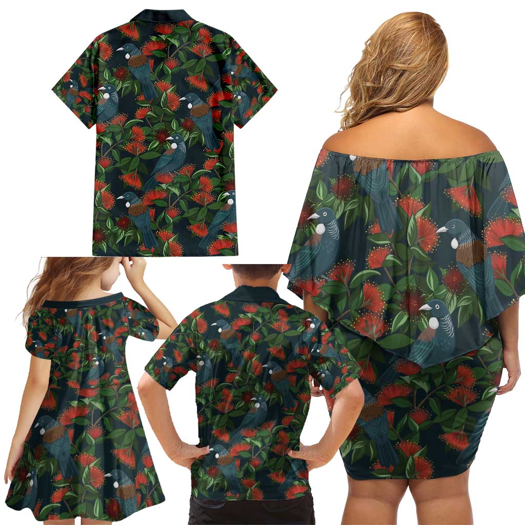 New Zealand Christmas Family Matching Off Shoulder Short Dress and Hawaiian Shirt Romantic Tui Birds on Pohutukawa - Cobalt - Polynesian Pride
