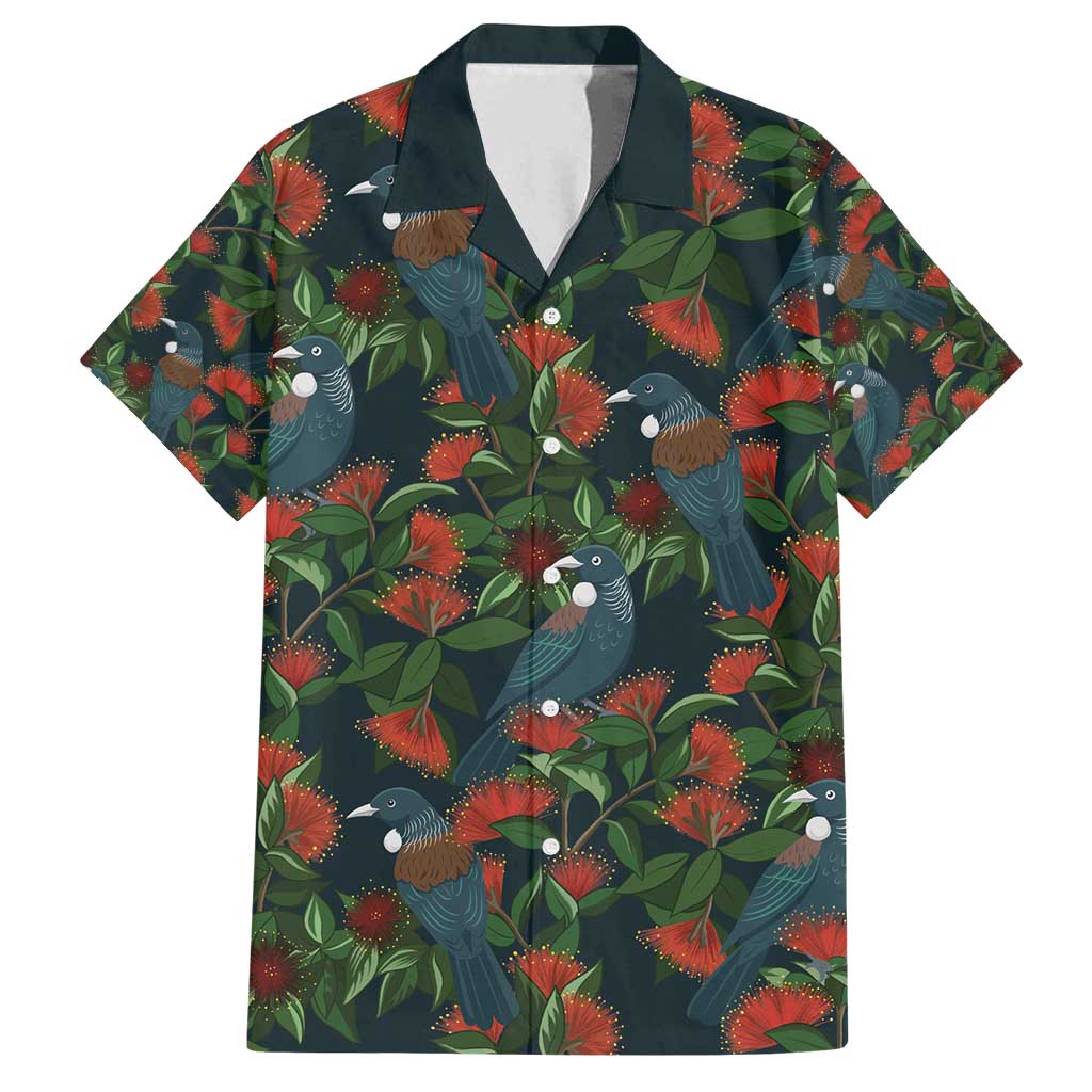 New Zealand Christmas Family Matching Off Shoulder Short Dress and Hawaiian Shirt Romantic Tui Birds on Pohutukawa - Cobalt - Polynesian Pride