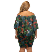 New Zealand Christmas Family Matching Off Shoulder Short Dress and Hawaiian Shirt Romantic Tui Birds on Pohutukawa - Cobalt - Polynesian Pride