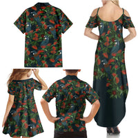 New Zealand Christmas Family Matching Summer Maxi Dress and Hawaiian Shirt Romantic Tui Birds on Pohutukawa - Cobalt - Polynesian Pride