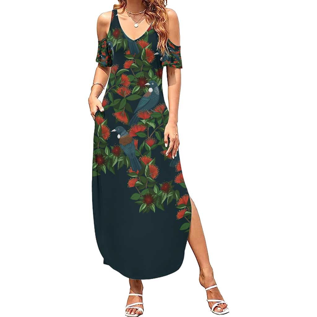 New Zealand Christmas Family Matching Summer Maxi Dress and Hawaiian Shirt Romantic Tui Birds on Pohutukawa - Cobalt - Polynesian Pride