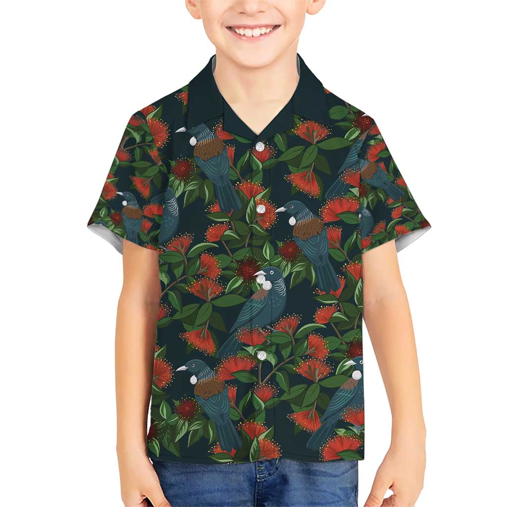 New Zealand Christmas Kid Hawaiian Shirt Romantic Tui Birds on Pohutukawa - Cobalt - Polynesian Pride