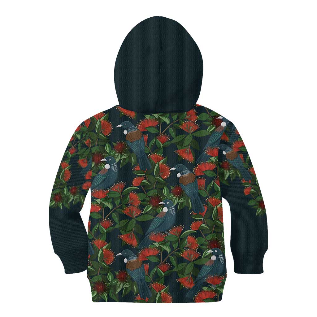 New Zealand Christmas Kid Hoodie Romantic Tui Birds on Pohutukawa - Cobalt - Polynesian Pride