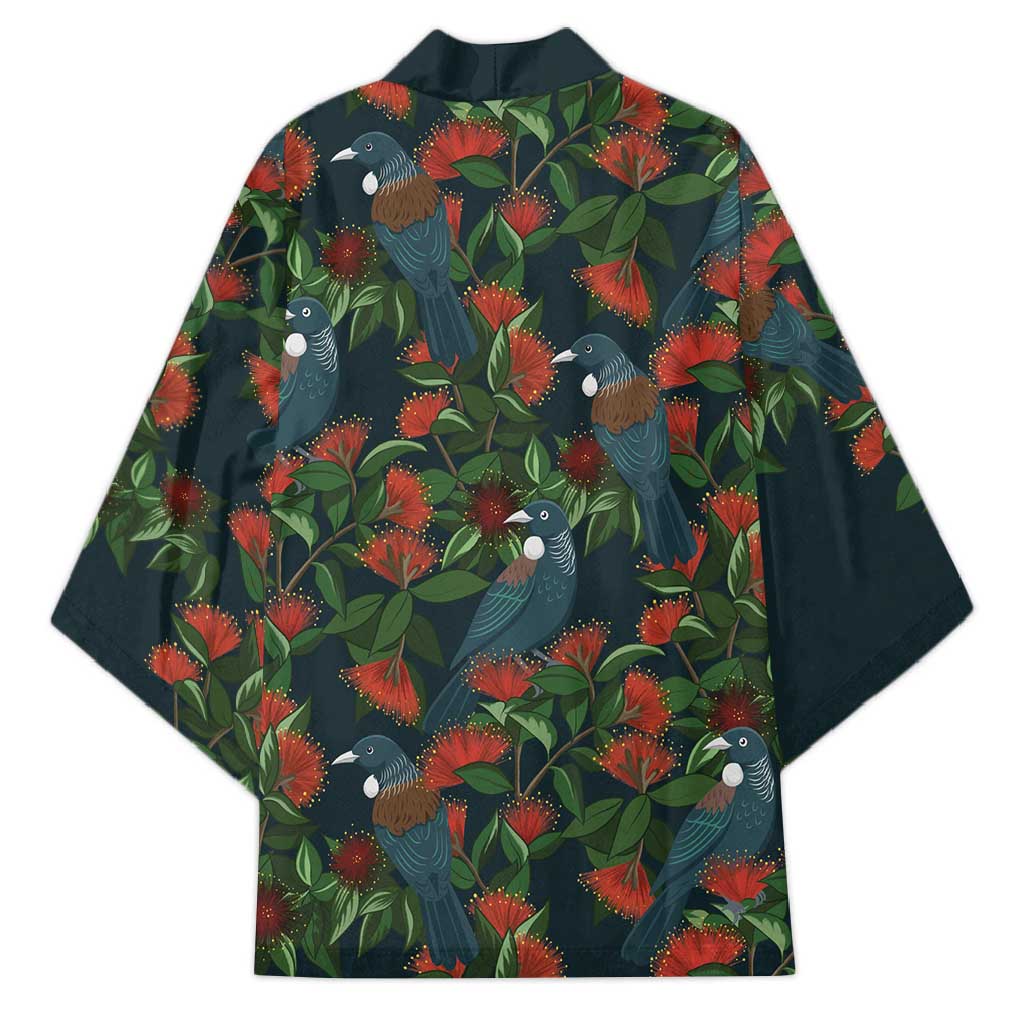 New Zealand Christmas Kimono Romantic Tui Birds on Pohutukawa - Cobalt - Polynesian Pride